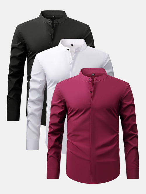 3 Pieces Non-Iron Hidden Placket Stand Collar Dress Shirt