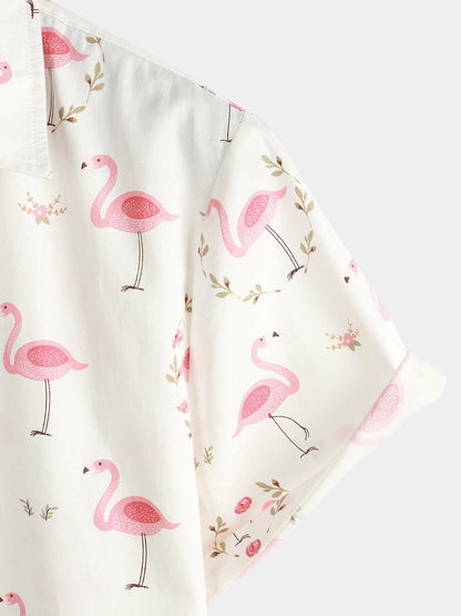 Men's Pink Flamingo Print Cotton Short Sleeve Shirt