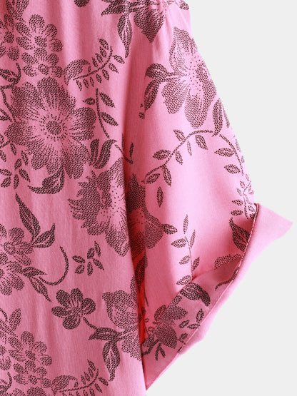 Men's Pink Floral Print Vintage Holiday Breathable Button Up Hawaiian Short Sleeve Shirt