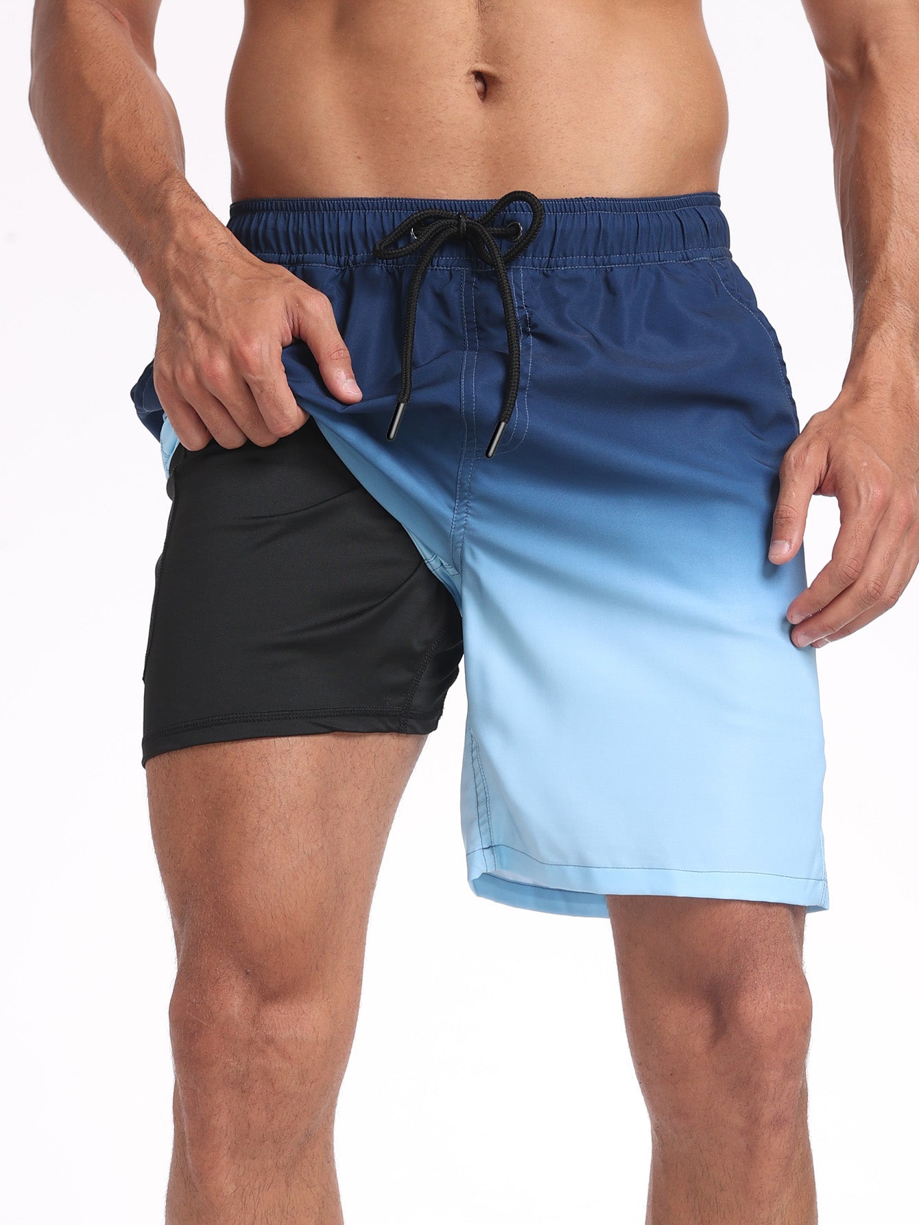2 In 1 Drawstring Beach Swim Shorts With Pocket