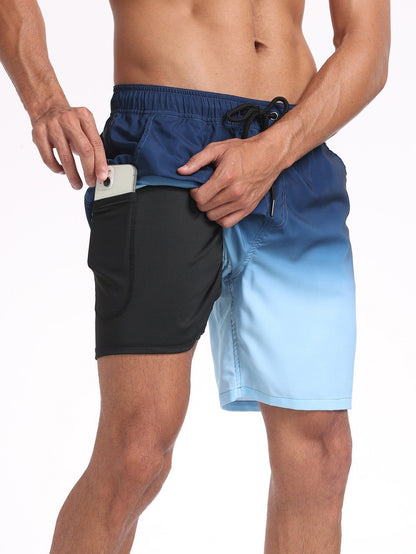 2 In 1 Drawstring Beach Swim Shorts With Pocket