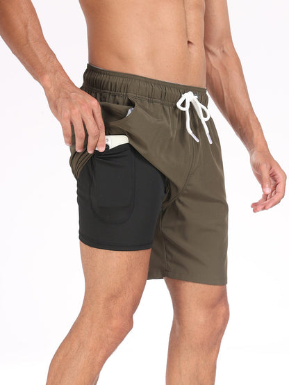 2 In 1 Solid Color Drawstring Swim Shorts