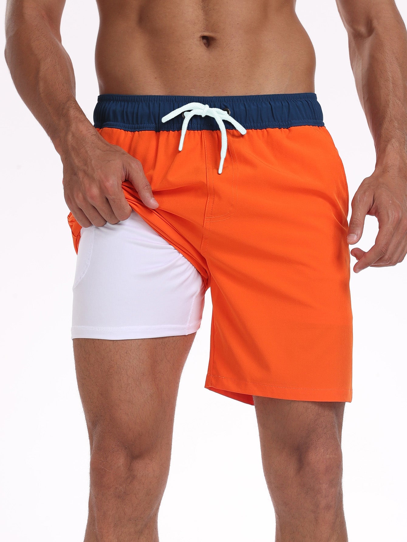 2 In 1 Solid Color Drawstring Swim Shorts With Pocket
