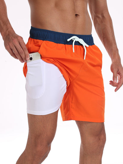 2 In 1 Solid Color Drawstring Swim Shorts With Pocket