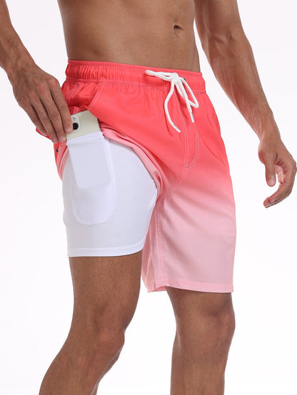 2 In 1 Drawstring Beach Swim Shorts With Pocket