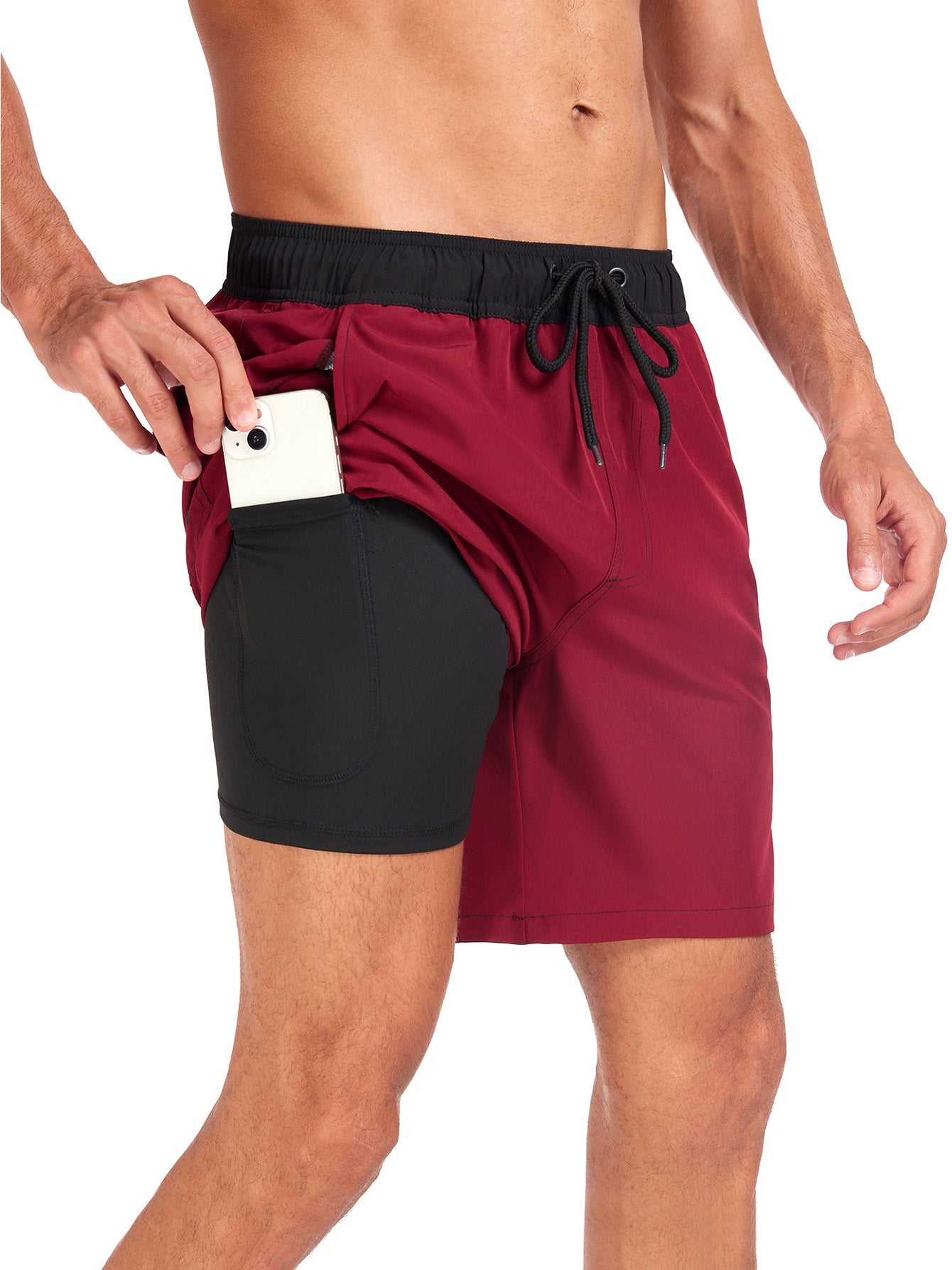 2 In 1 Solid Color Drawstring Swim Shorts With Pocket