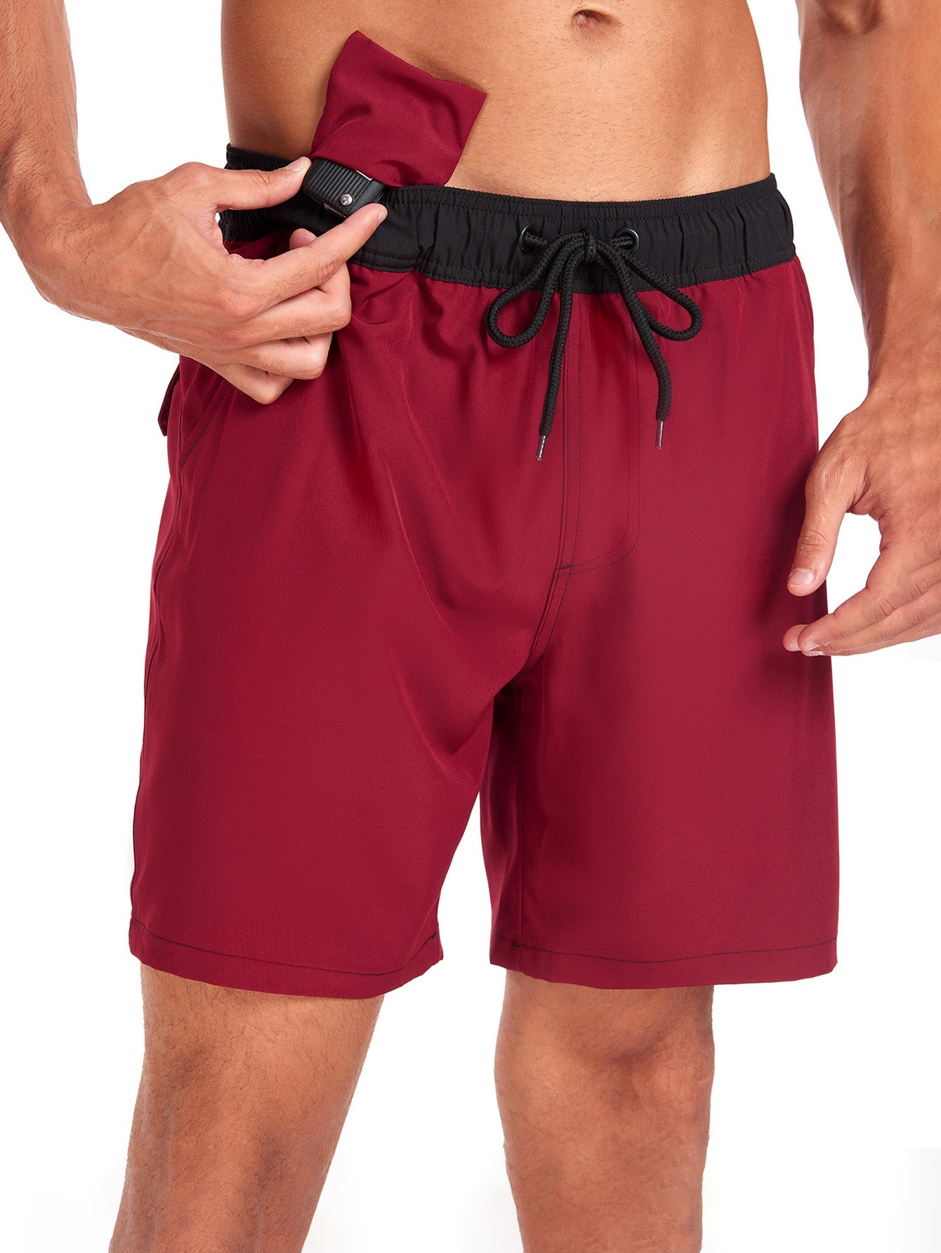 2 In 1 Solid Color Drawstring Swim Shorts With Pocket