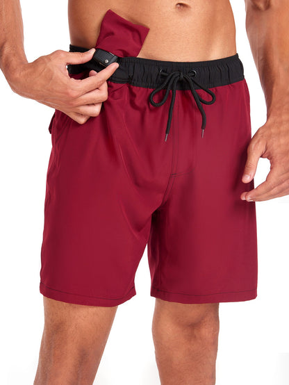 2 In 1 Solid Color Drawstring Swim Shorts With Pocket