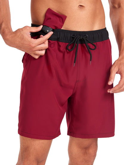 2 In 1 Solid Color Drawstring Swim Shorts With Pocket