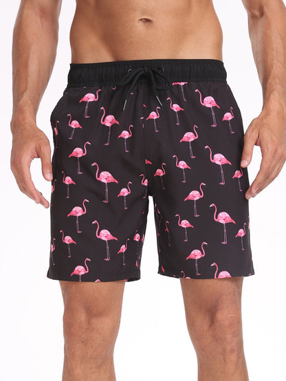 2 In 1 Flamingo Print Pocket Drawstring Swim Shorts