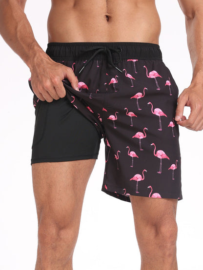 2 In 1 Flamingo Print Pocket Drawstring Swim Shorts