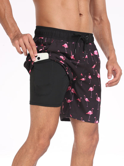 2 In 1 Flamingo Print Pocket Drawstring Swim Shorts