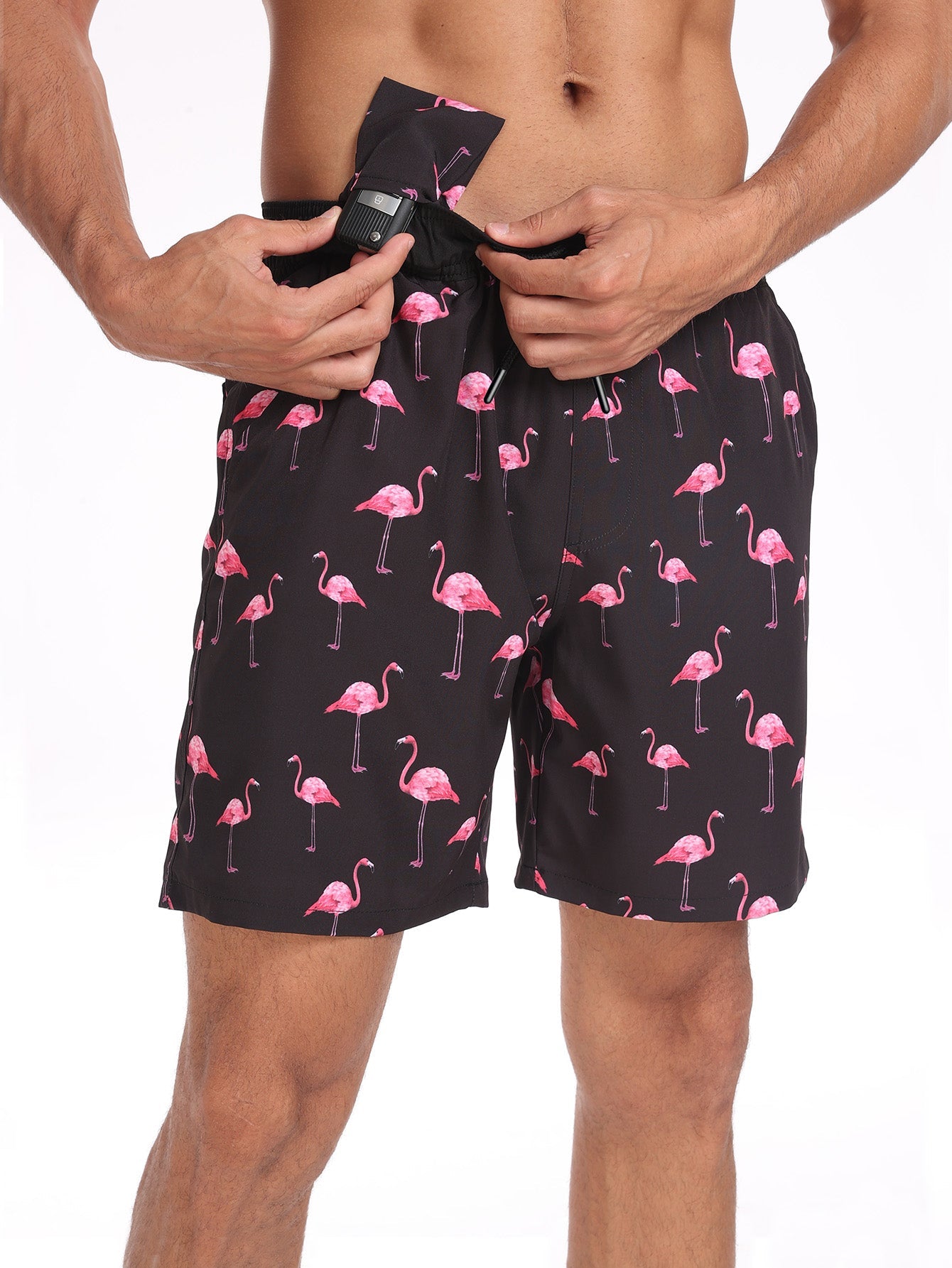 2 In 1 Flamingo Print Pocket Drawstring Swim Shorts