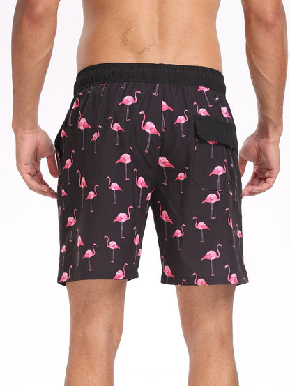 2 In 1 Flamingo Print Pocket Drawstring Swim Shorts