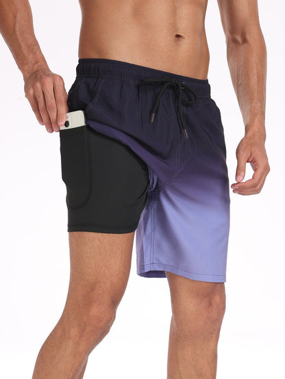 2 In 1 Drawstring Beach Swim Shorts With Pocket