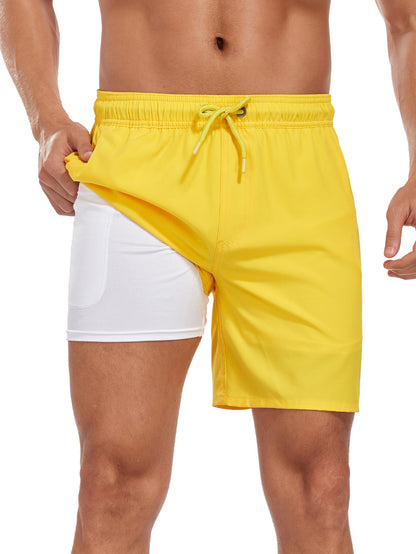 2 In 1 Solid Color Drawstring Swim Shorts