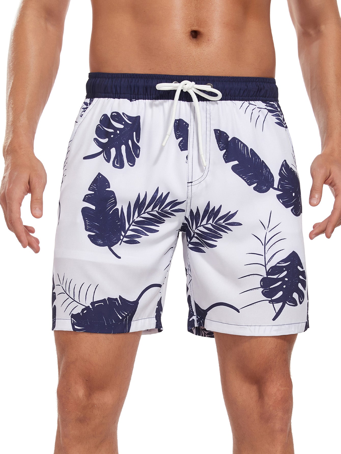 2 In 1 Tropical Leaves Print Swim Shorts