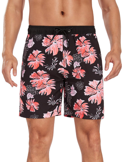 2 In 1 Tropical Flower Print Pocket Drawstring Swim Shorts