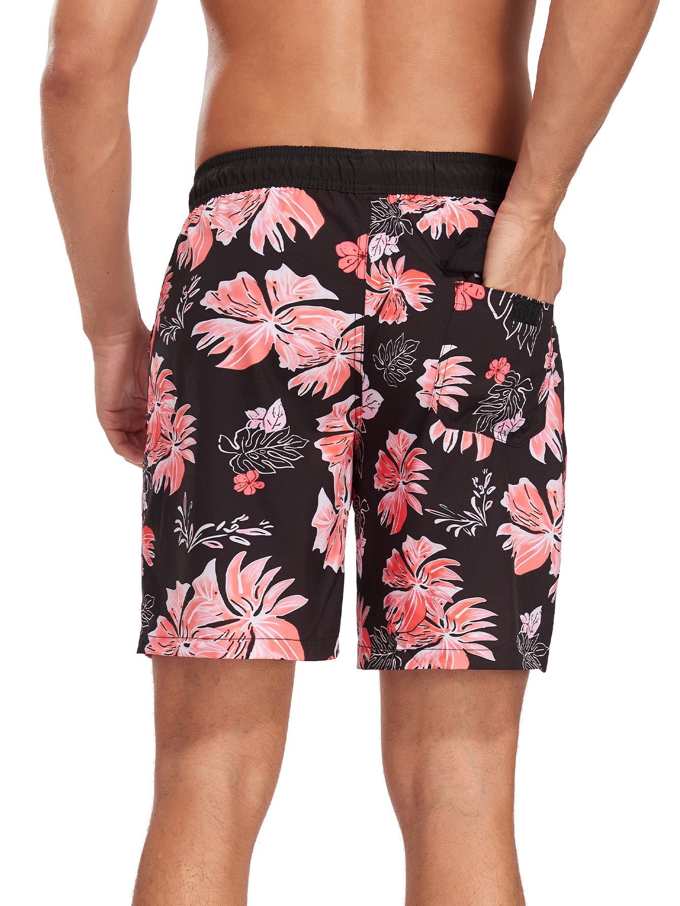 2 In 1 Tropical Flower Print Pocket Drawstring Swim Shorts