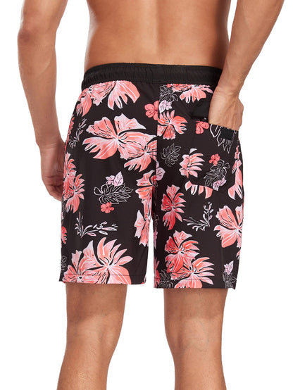 2 In 1 Tropical Flower Print Pocket Drawstring Swim Shorts