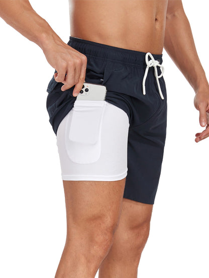 2 In 1 Solid Color Drawstring Swim Shorts