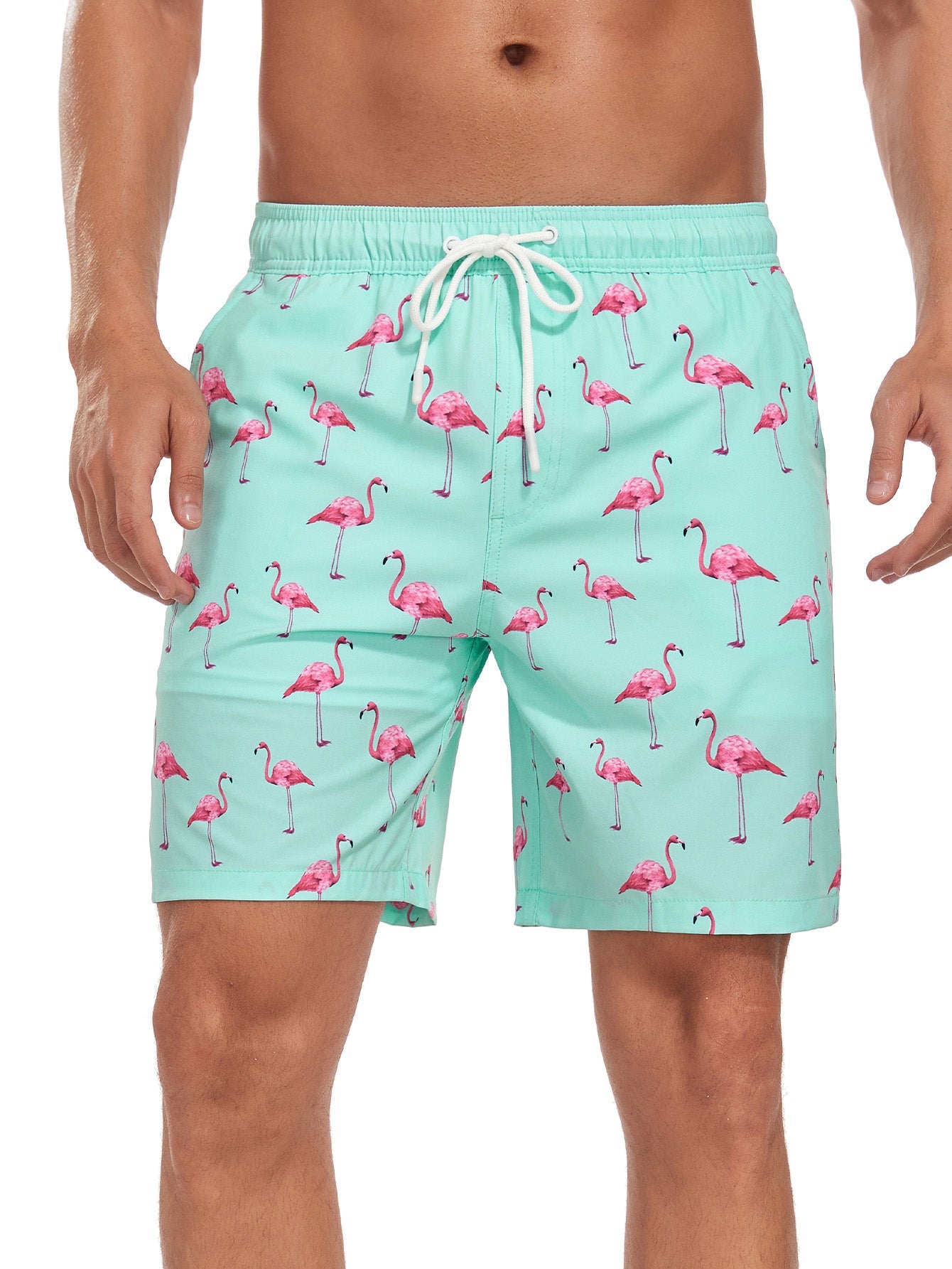 2 In 1 Flamingo Print Pocket Drawstring Swim Shorts