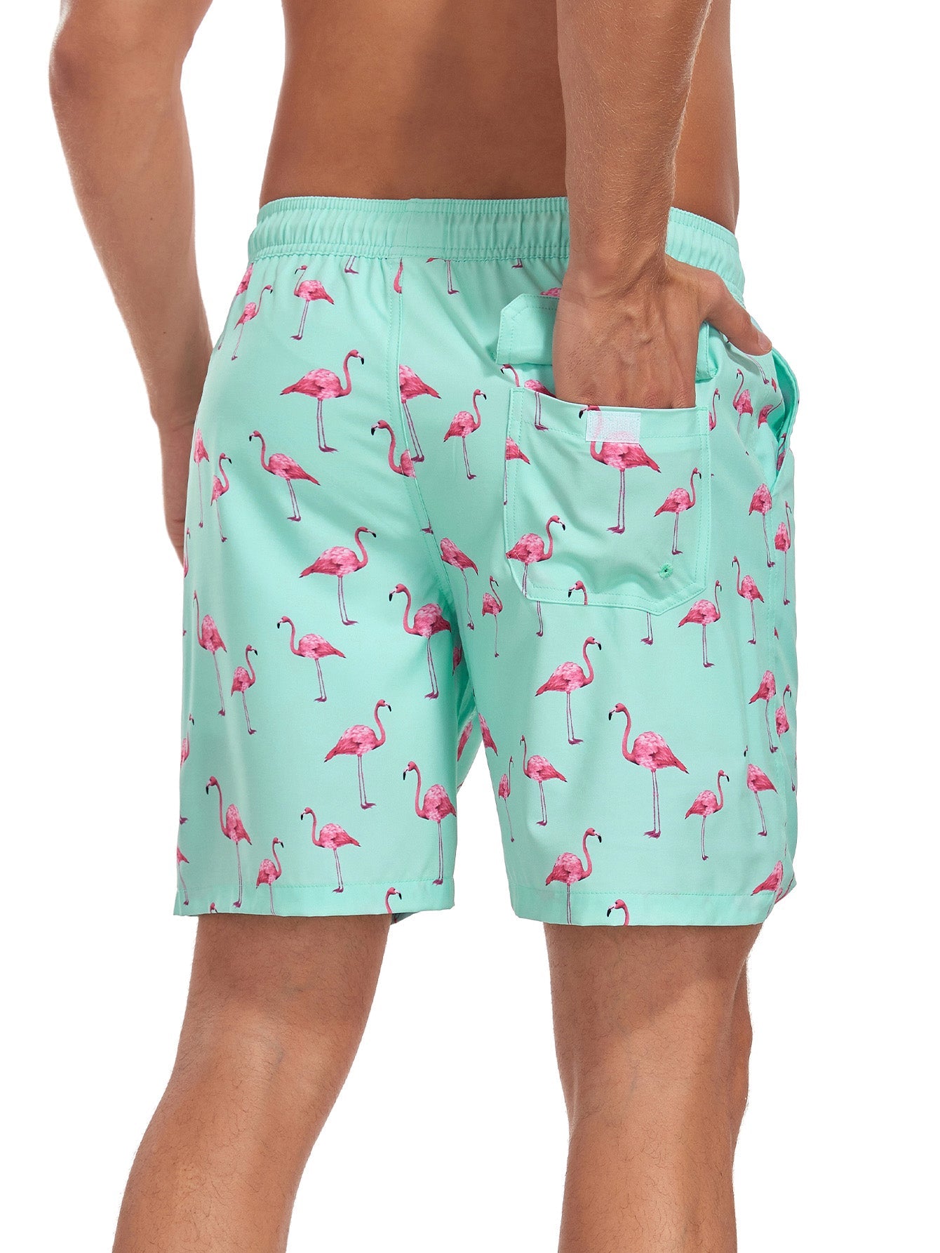 2 In 1 Flamingo Print Pocket Drawstring Swim Shorts