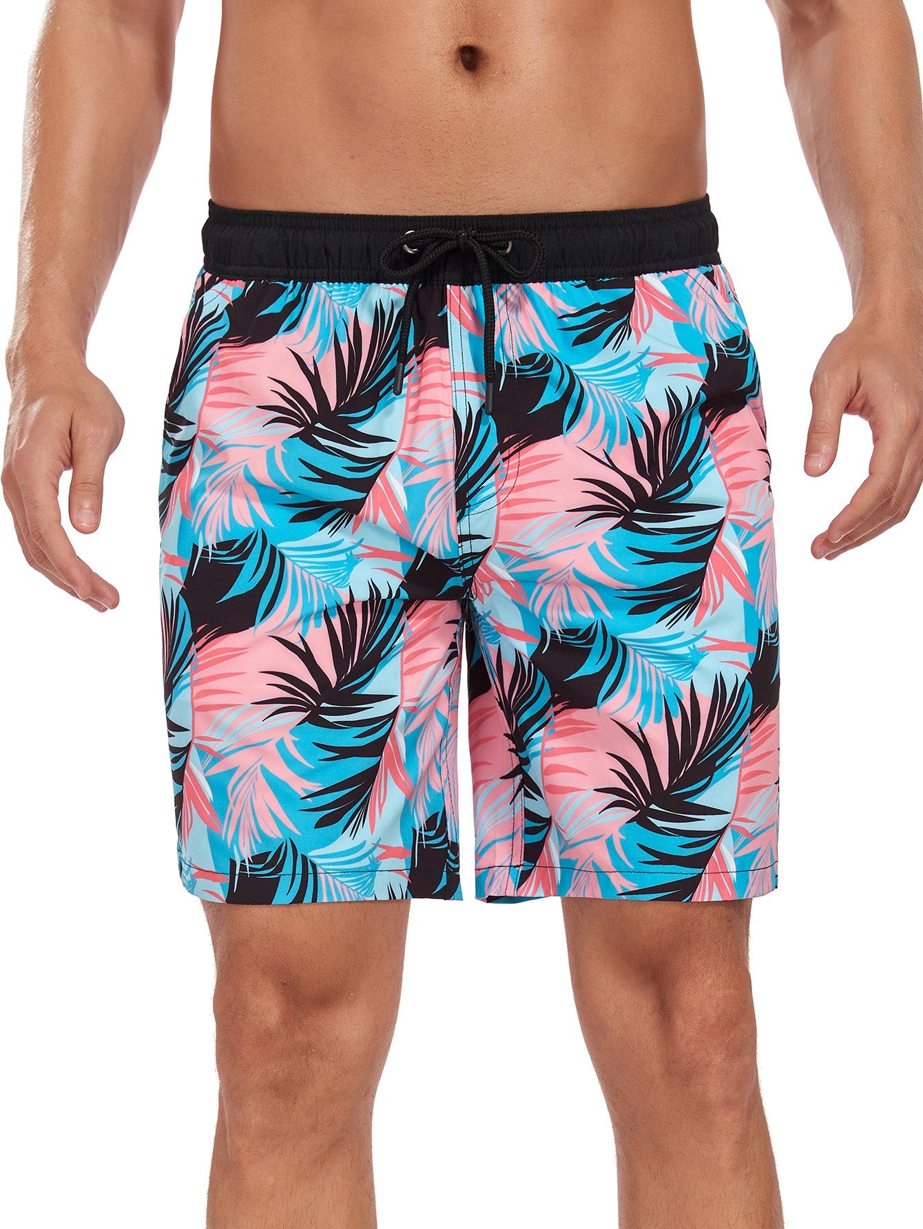 2 In 1 Tropical Leaves Print Pocket Drawstring Swim Shorts