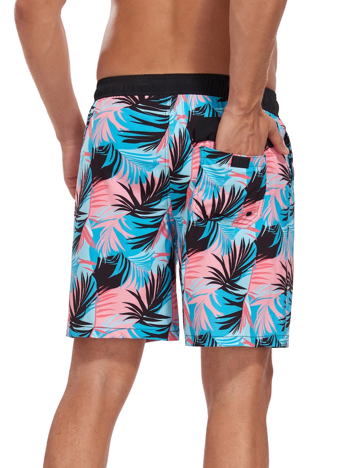 2 In 1 Tropical Leaves Print Pocket Drawstring Swim Shorts