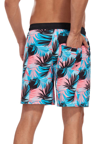 2 In 1 Tropical Leaves Print Pocket Drawstring Swim Shorts