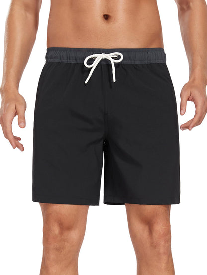 2 In 1 Solid Color Drawstring Swim Shorts With Pocket