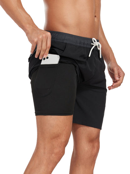 2 In 1 Solid Color Drawstring Swim Shorts With Pocket
