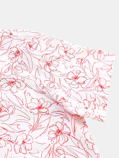 Men's Casual Cotton Line Floral Print Summer Short Sleeve Shirt