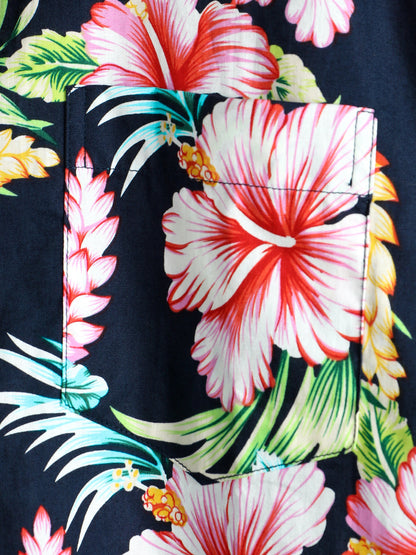 Men's Dark Blue Floral Holiday Short Sleeve Cotton Pocket Shirt