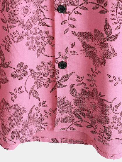 Men's Pink Floral Print Vintage Holiday Breathable Button Up Hawaiian Short Sleeve Shirt