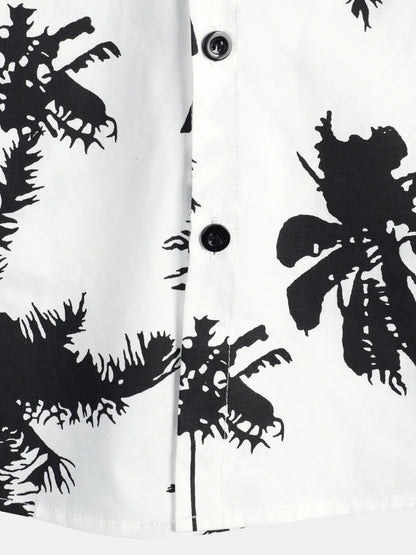 Men's Tropical Palm Tree Print Cotton White Hawaiian Short Sleeve Summer Beach Cruise Camp Shirt