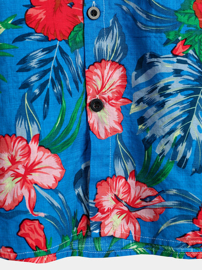 Men's Blue Flower Tropical Hawaii Cotton Short Sleeve Shirt