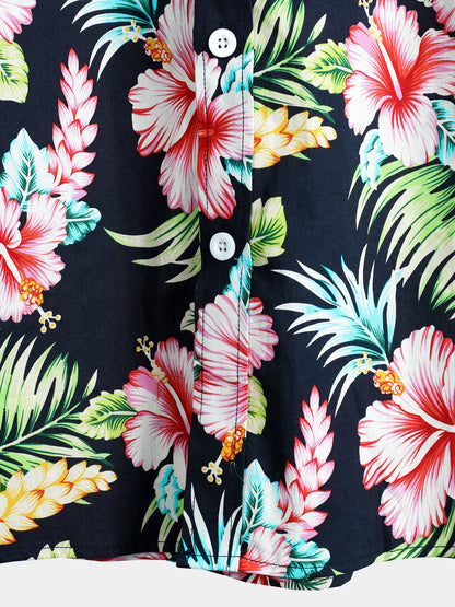 Men's Dark Blue Floral Holiday Short Sleeve Cotton Pocket Shirt