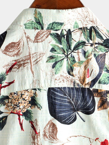 Men's Flower Cotton Tropical Floral Summer Button Up Hawaiian Shirt