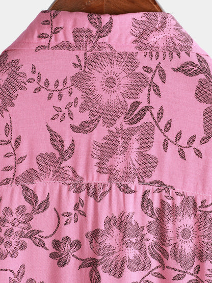 Men's Pink Floral Print Vintage Holiday Breathable Button Up Hawaiian Short Sleeve Shirt