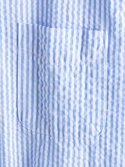 Men's Striped Cotton Blue Summer Button Up Cuban Collar Camp Short Sleeve Beach Shirt