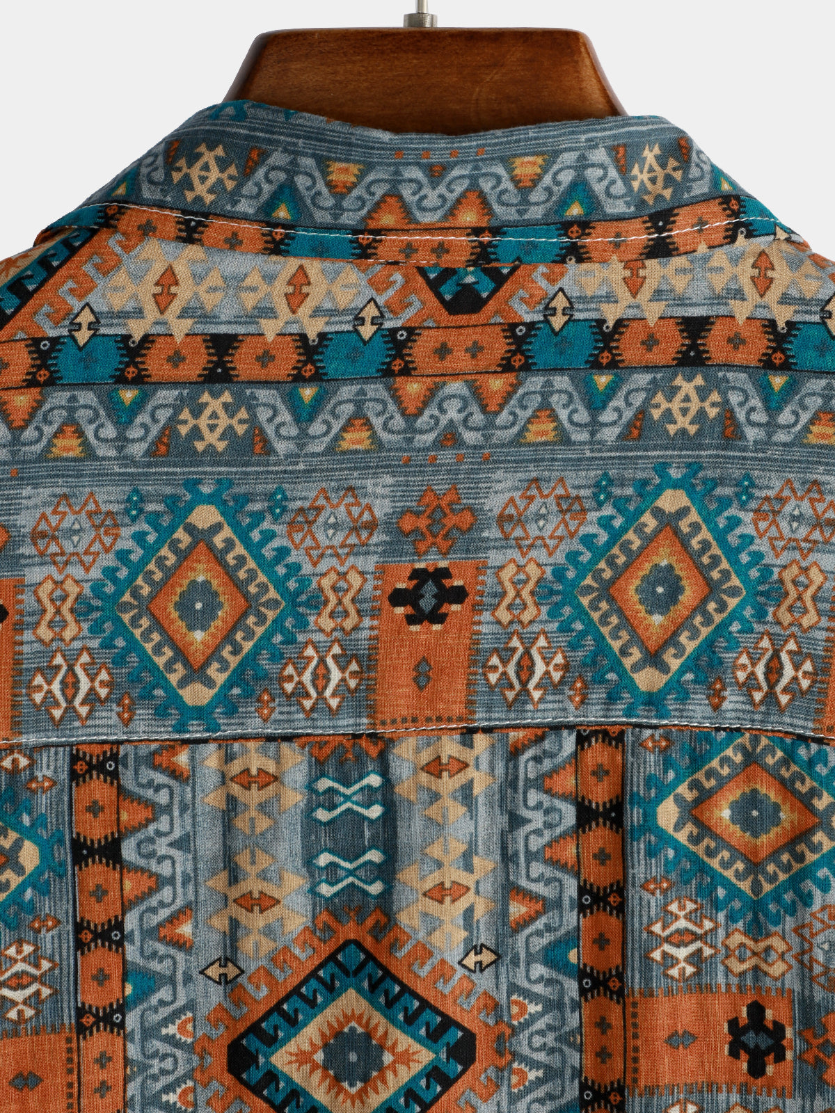 Men's Casual Vintage Short Sleeve 70s Retro Patchwork Button Up Lapel Cotton Aztec Print Shirt