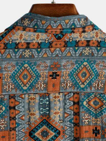 Men's Casual Vintage Short Sleeve 70s Retro Patchwork Button Up Lapel Cotton Aztec Print Shirt