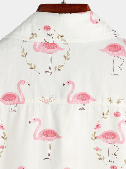 Men's Pink Flamingo Print Cotton Short Sleeve Shirt