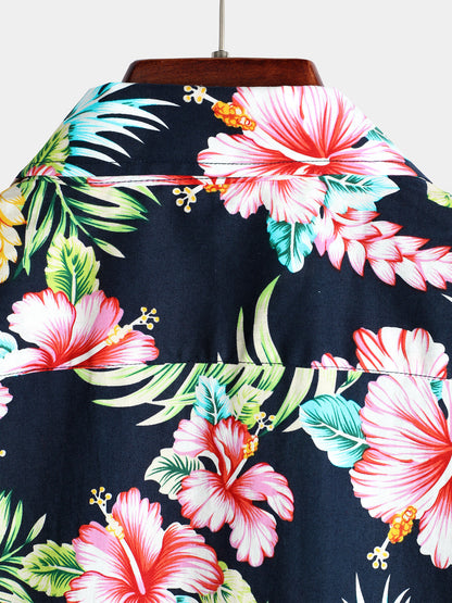 Men's Dark Blue Floral Holiday Short Sleeve Cotton Pocket Shirt
