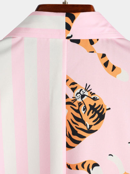 Men's Tiger & Striped Print Holiday Pocket Shirt