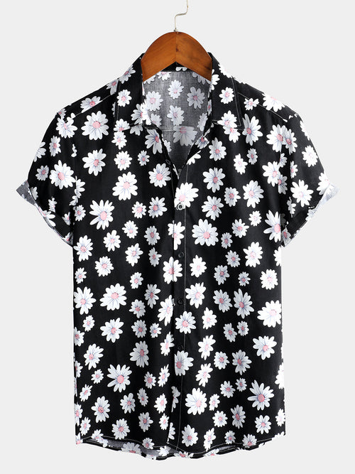 Men's Black Daisy Hawaiian Short Sleeve Shirt