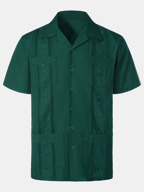 Men's Casual Summer Pocket Short Sleeve Button Up Cuban Guayabera Shirt
