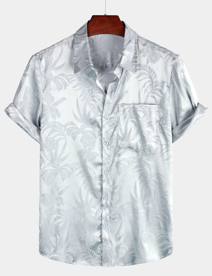 Men's Summer Jacquard Casual Elegant Button Up Pocket Short Sleeve Beach Shirt