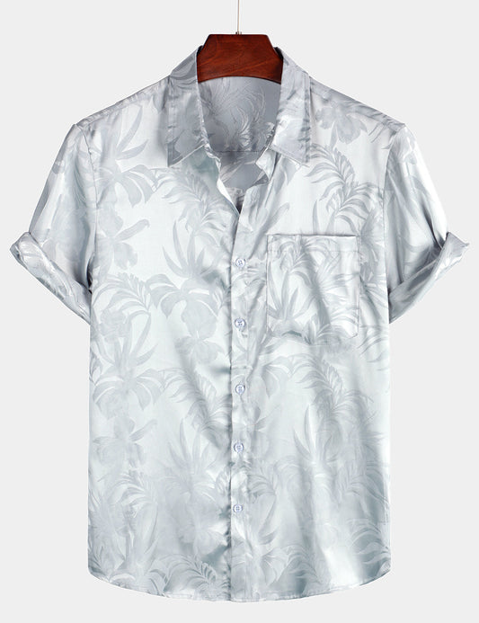 Men's Summer Jacquard Casual Elegant Button Up Pocket Short Sleeve Beach Shirt